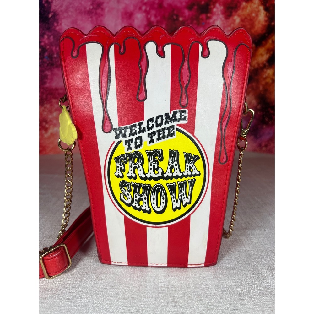 Welcome to the Freak Show Popcorn Box Crossbody Bag Red White Striped Novelty